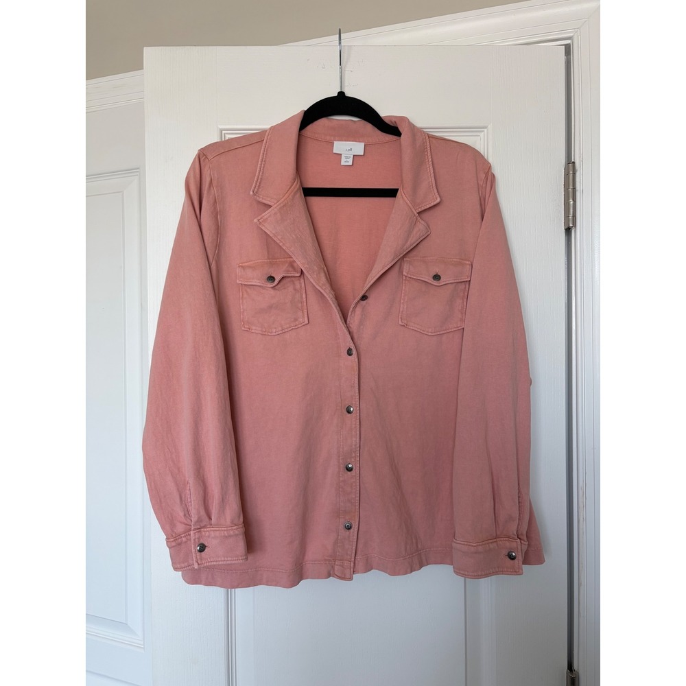 J. Jill Peach Coral Jersey Knit Button Down Utility Shirt Womens Large Petite